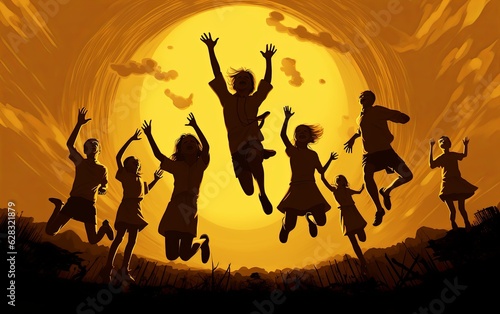 Young people jump with freedom and happiness at sunset.