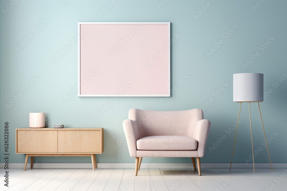Photo frame on wall with simple decoration and furniture Photo frame on wall with simple decoration and furniture
