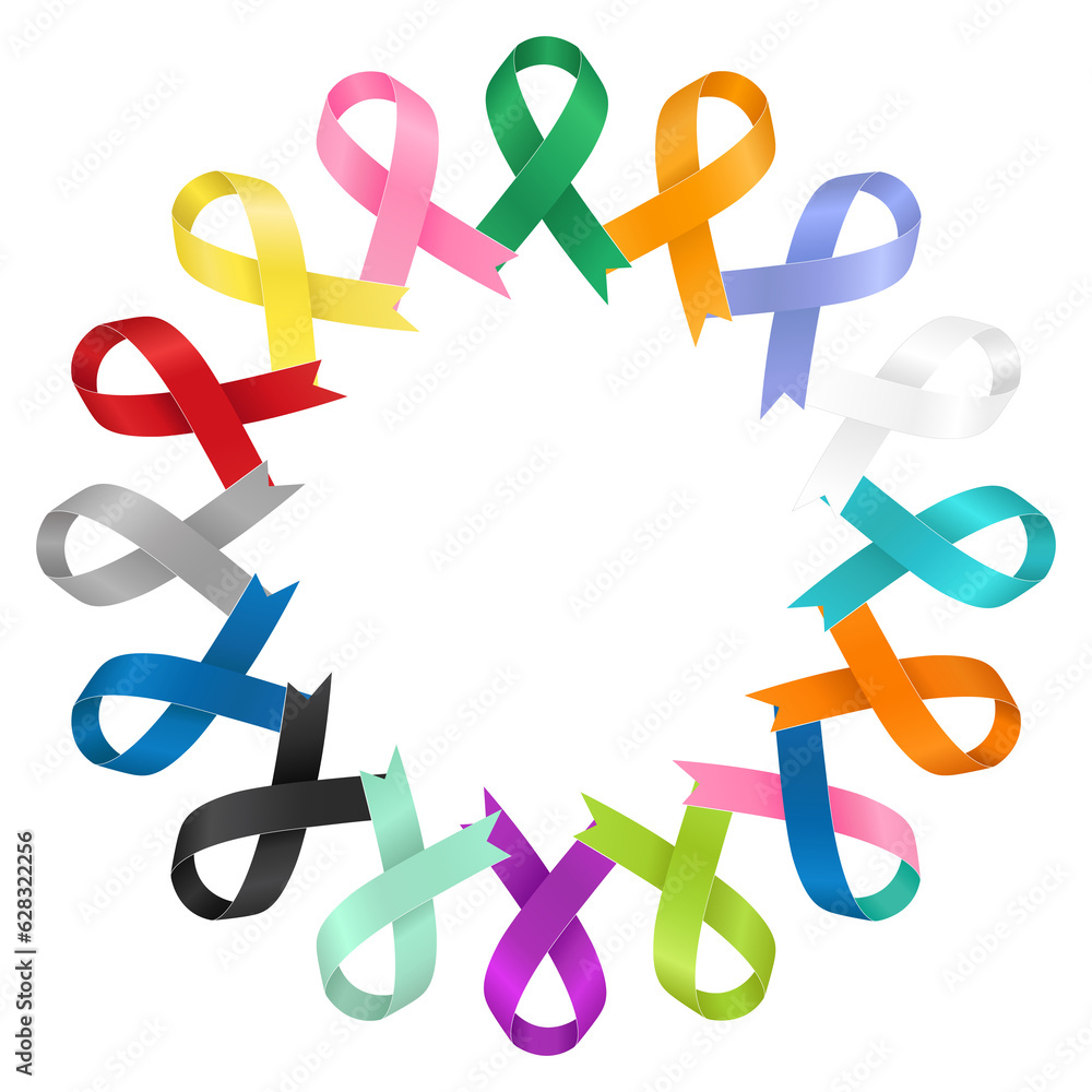 Fototapeta premium World Cancer Day. Cancer awareness. A lot of ribbons of different colors. Png flat illustration on transparent background.