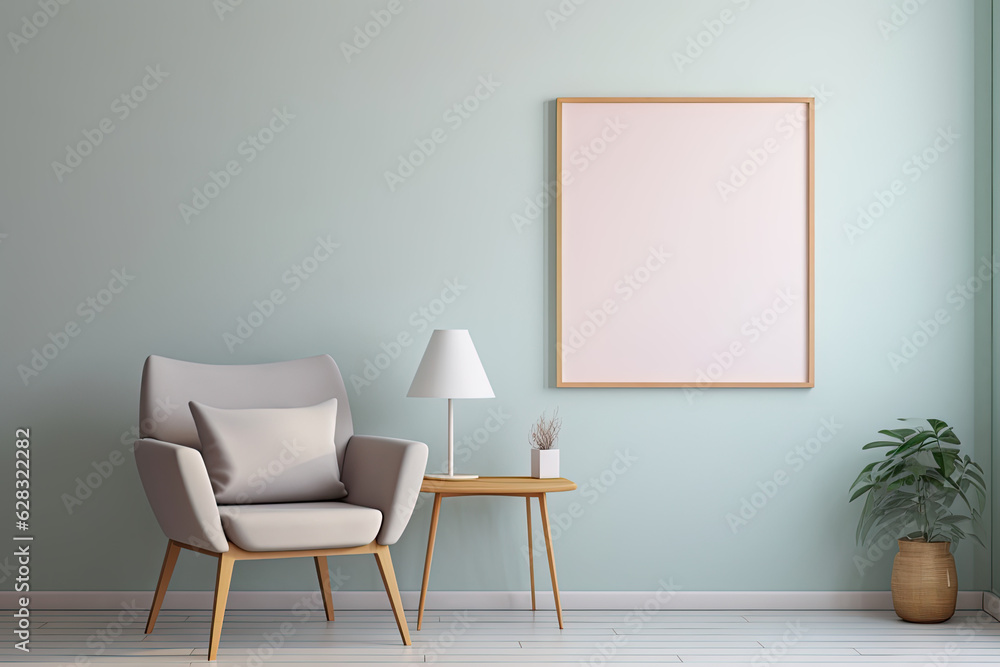 Fototapeta premium Photo frame on wall with simple decoration and furniture