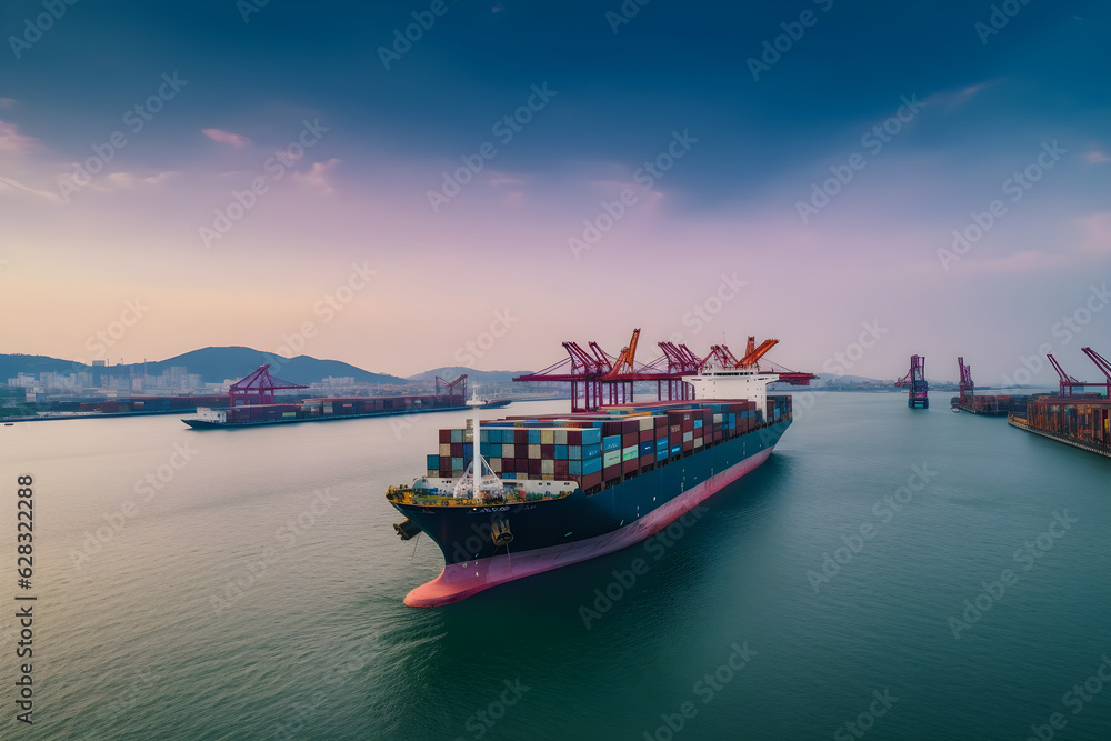 container cargo ship at industry sea port import export commerce global business trade logistic and transportation oversea worldwide by container cargo vessel ship boat freight shipping maritime