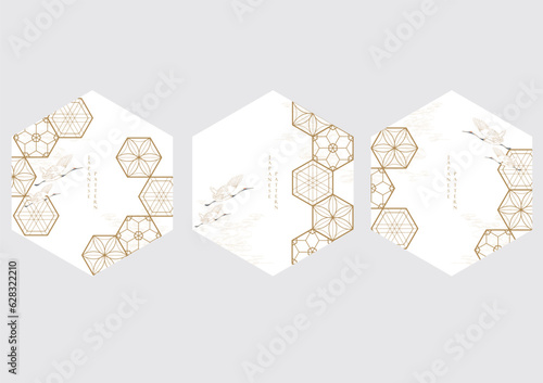 Japanese background with gold line texture vector. Crane birds template with hand drawn wave pattern in oriental style. Geometric logo design.