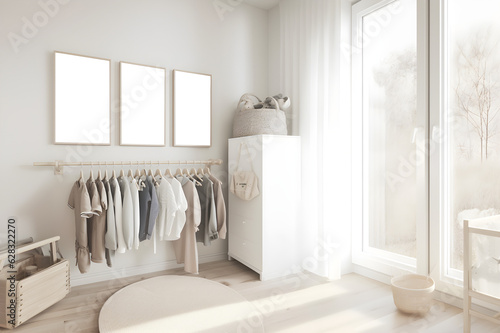childrens bedroom chaning room wardrobe and artwork on the wall for use as a mockup, created with AI generative technology 