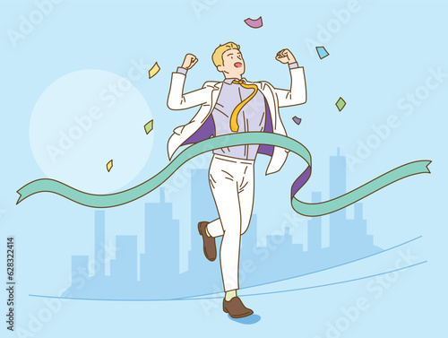 A young entrepreneur races to the finish line with a victory pose.