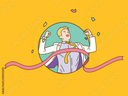 A young entrepreneur races to the finish line with a victory pose.