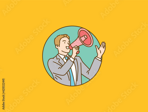 Businessman with megaphone making announcements