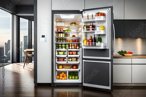 an open luxury refrigerator filled with lots of different types of food and drinks in it's door, with a shelf full of fruits and vegetables. modern apartment interior