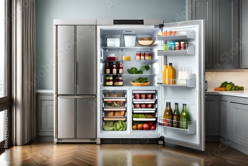 an open luxury refrigerator filled with lots of different types of food and drinks in it's door, with a shelf full of fruits and vegetables photo