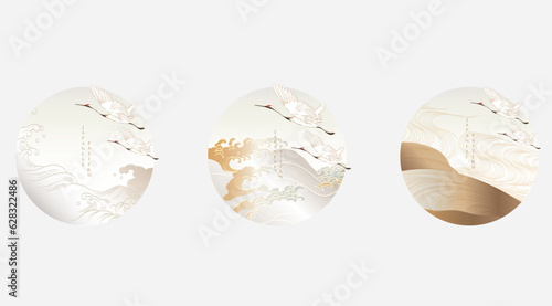 Art landscape background with gold texture vector. Japanese hand drawn wave pattern with crane birds and mountain banner in vintage style.