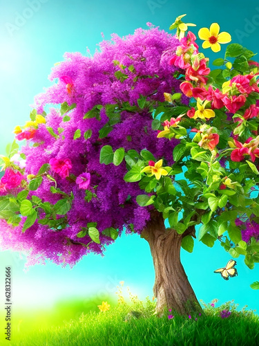 Natural Colorful Flowers in the Tree With Green Nature Background.  Generative AI