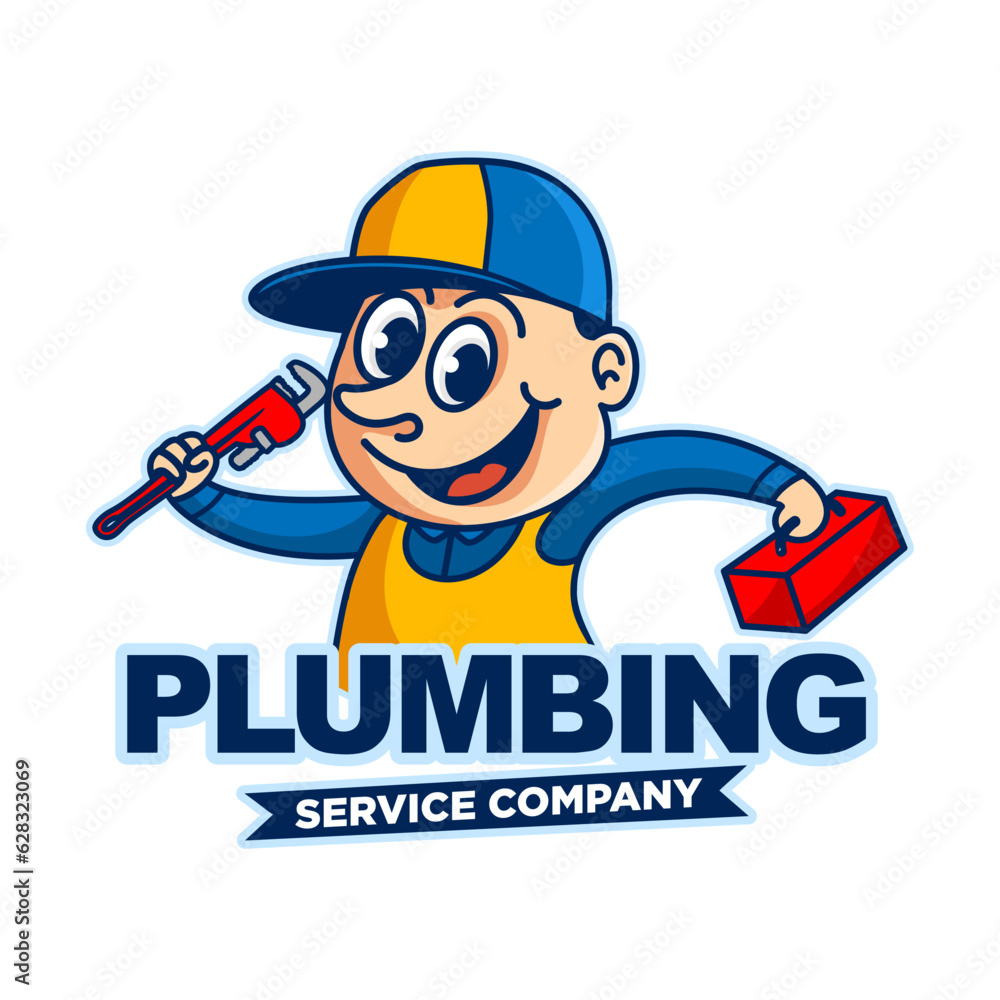Fototapeta premium cartoon plumbing service company logo design inspiration, Design element for logo, poster, card, banner, emblem, t shirt. Vector illustration