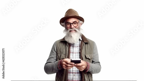 An old man with a long white beard holding a cell phone, created with Generative Ai Technology
