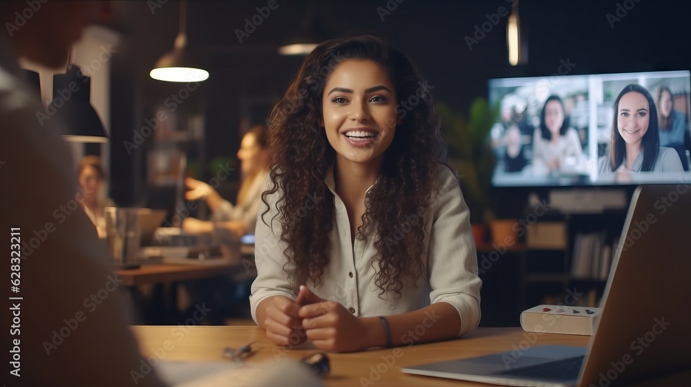 Fototapeta premium A woman sitting at a table in front of a laptop computer, created with Generative Ai Technology