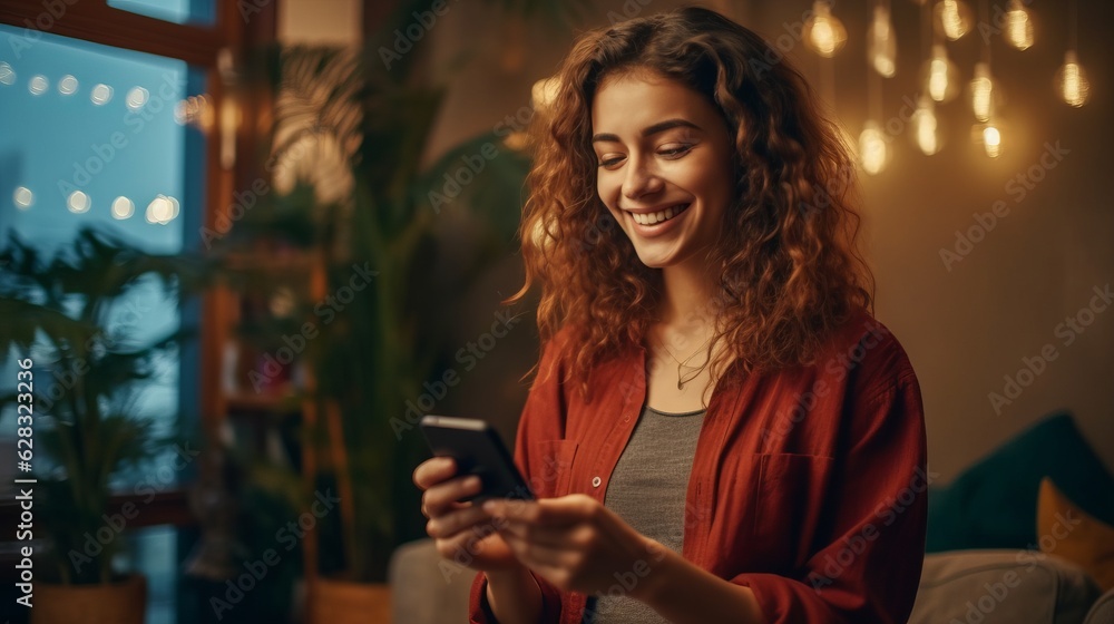 A woman is smiling while looking at her cell phone, created with Generative Ai Technology
