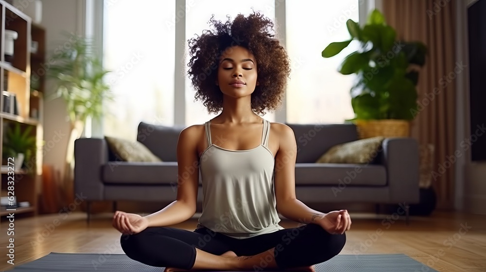 A woman sitting in a yoga pose in a living room, created with Generative Ai Technology