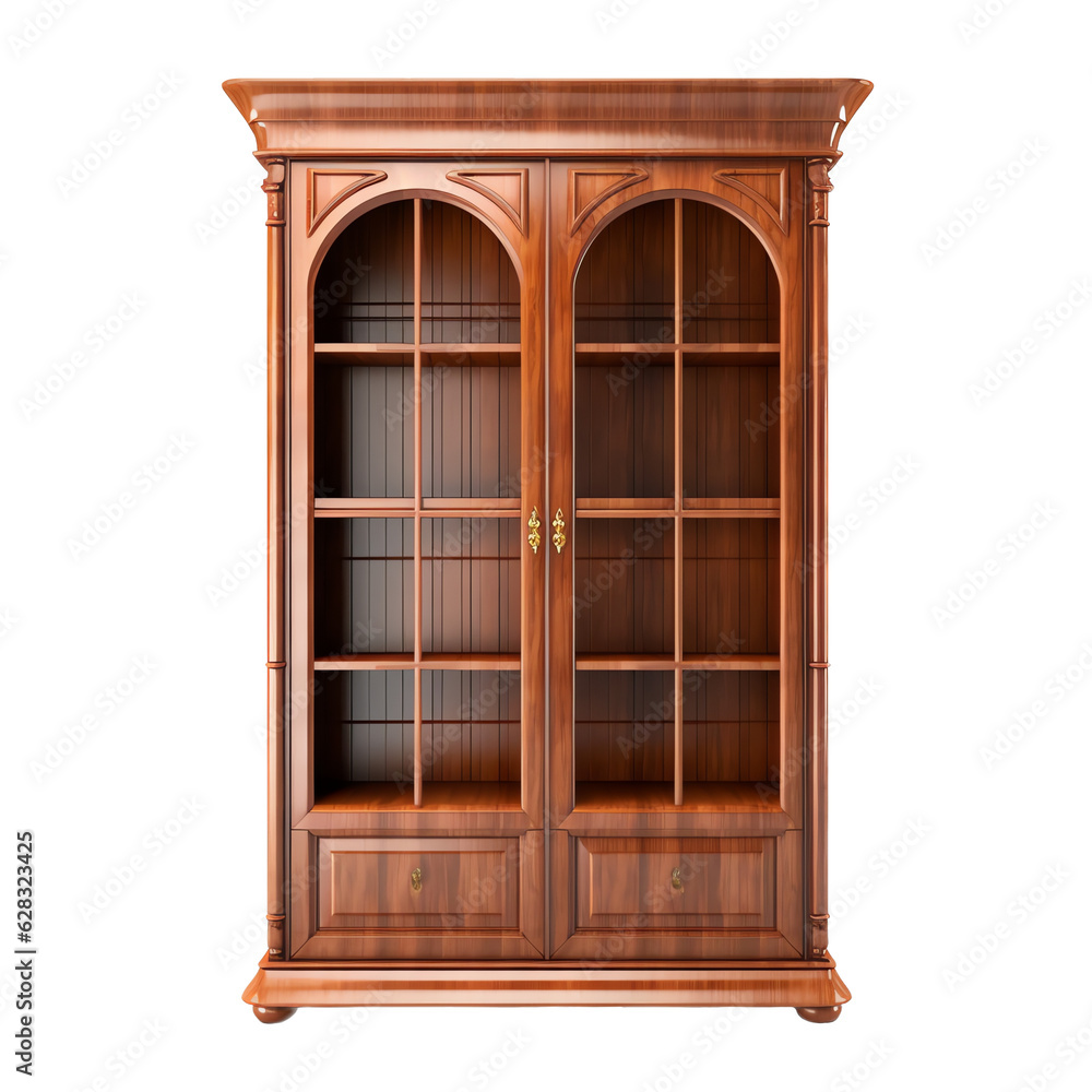 Empty Wooden Bookcase Cabinet with Arched Window Pane Glass Doors, Isolated Illustration Clipart Empty Wooden Bookcase Cabinet with Arched Window Pane Glass Doors, Isolated Illustration Clipart