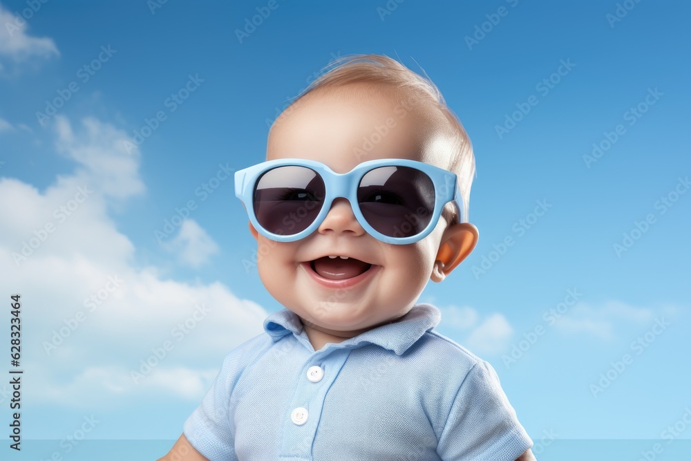 Happy smiling baby with sunglass. Generative AI Happy smiling baby with sunglass. Generative AI