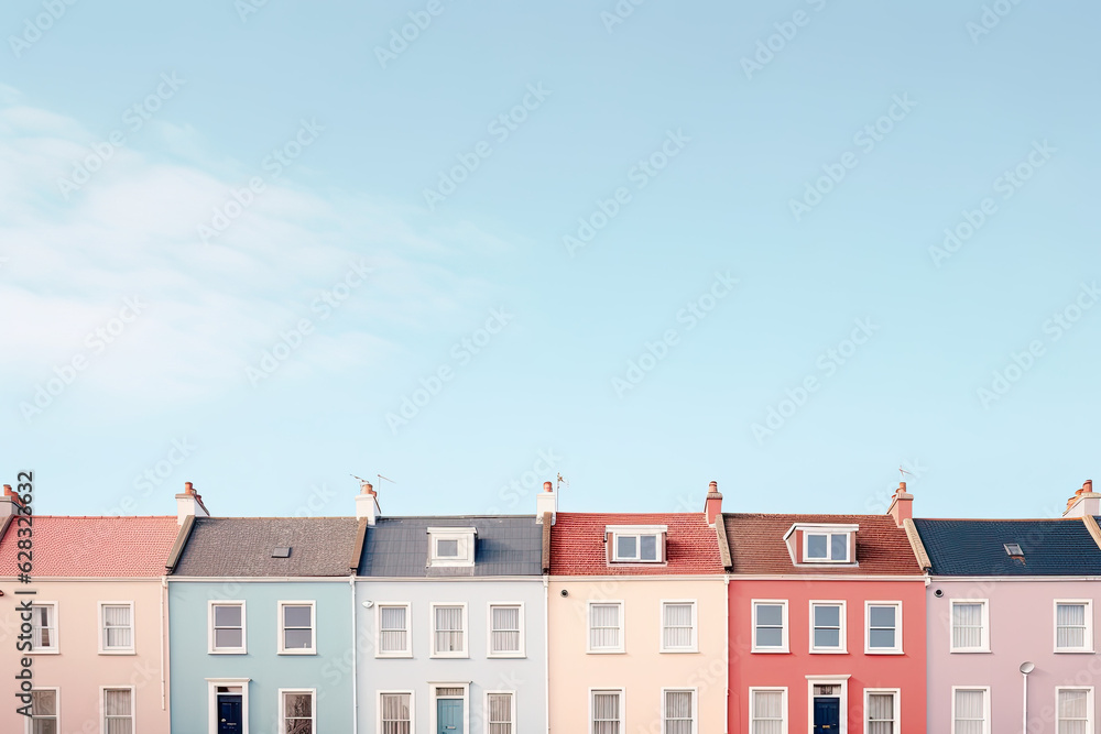 Colourful small village, pastel colour design with blue sky