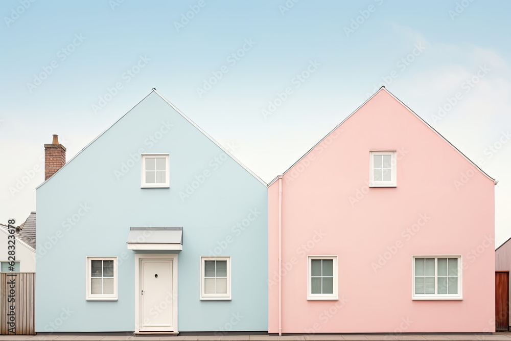 Colourful small village, pastel colour design with blue sky
