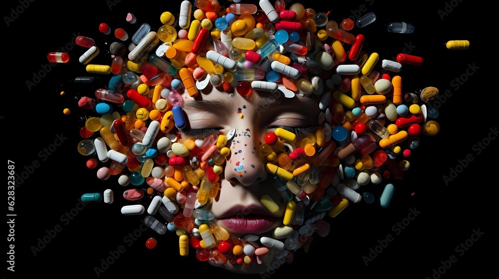 Fototapeta premium Pills and Addiction To Medication Abstract Concept Portraying A Male Drug Addict