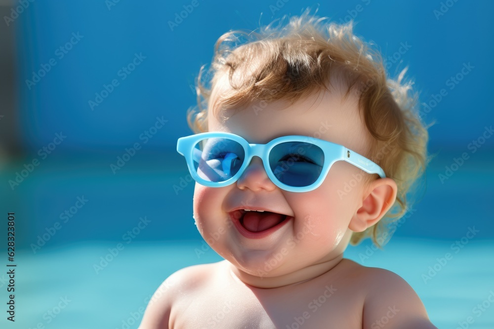 Happy smiling baby with sunglass. Generative AI