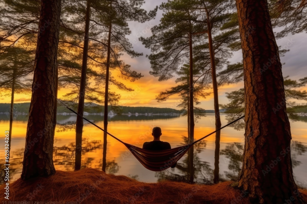 A person sitting in a hammock in the woods