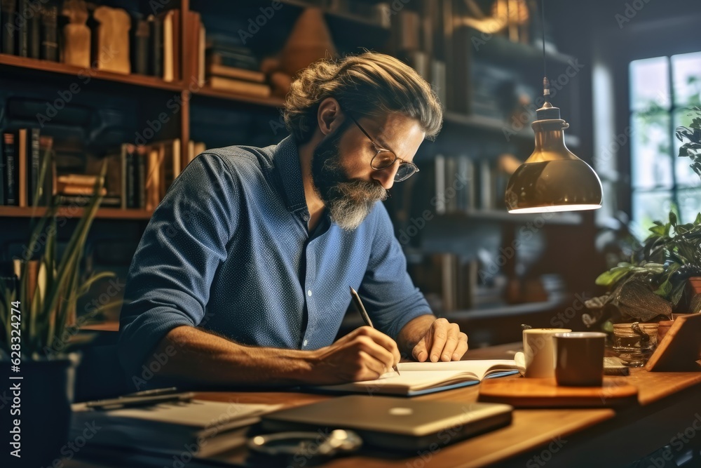 Obraz premium A man sitting at a desk writing in a notebook