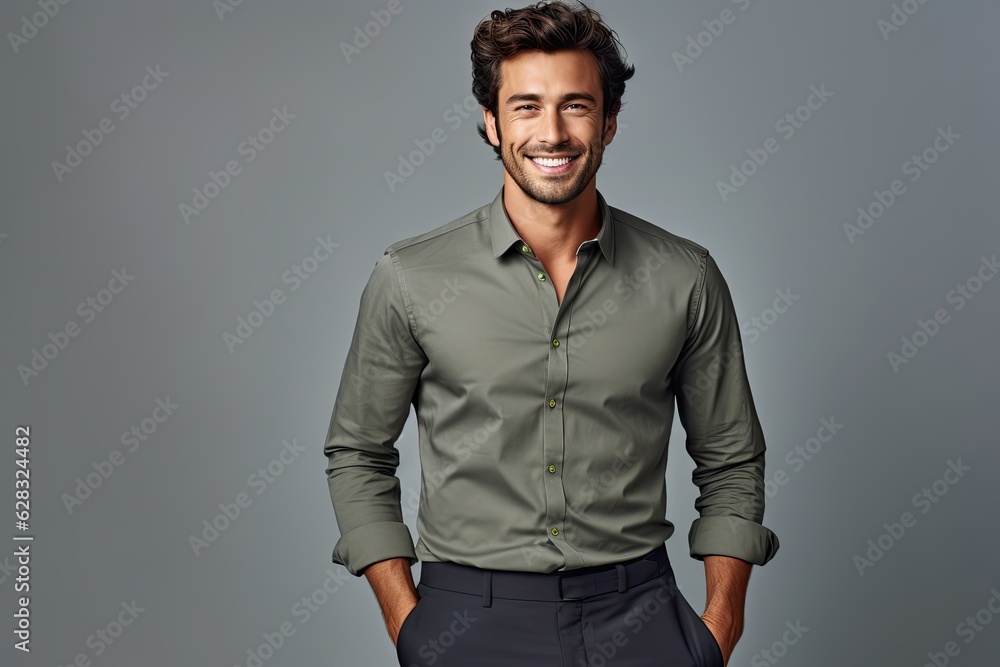 Obraz premium A smiling man in a green shirt and black pants