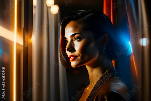 Beautiful brunette spying through the window in a dark room. Generative AI_6.