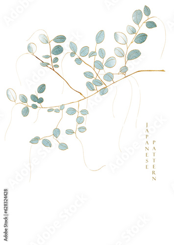 Japanese wave pattern with art natural banner. Abstract background with watercolor texture vector. Branch with leaves elements with hand drawn line decoration in vintage style.
