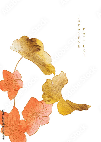 Art natural landscape background with watercolor texture vector. Branch with leaves and cherry blossom flower decoration in vintage style. Floral pattern