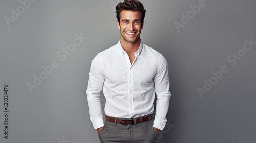 A smiling man in a white shirt and grey pants