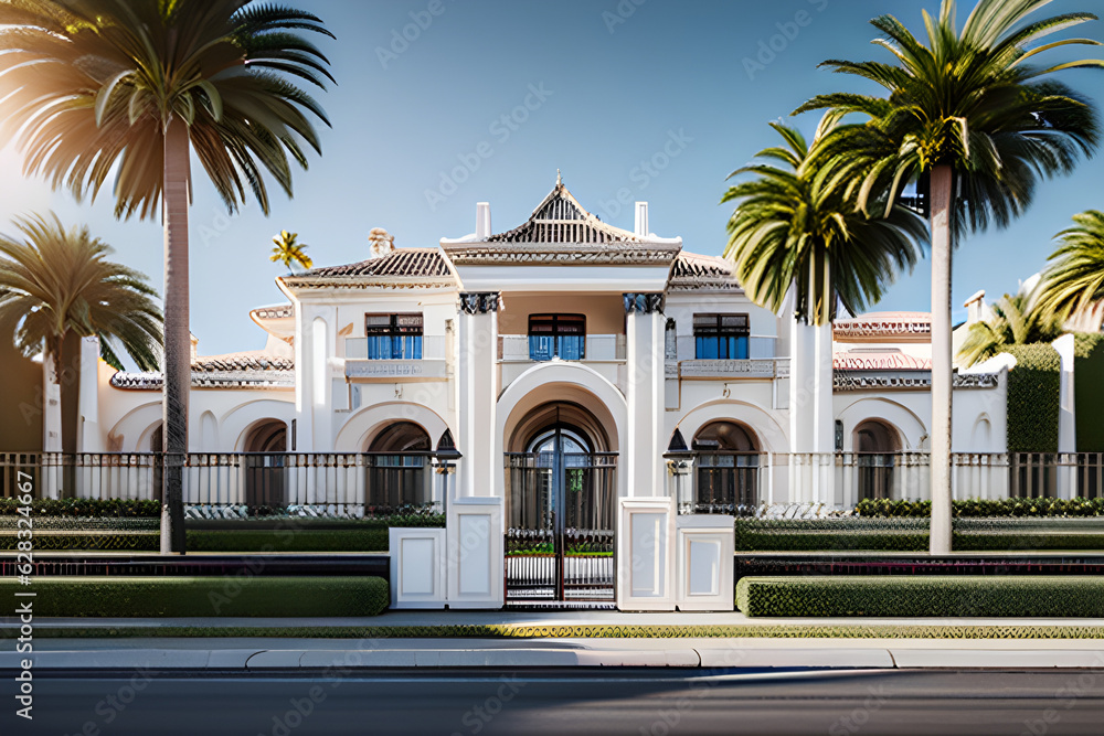White-toned luxury villa in the exotic background of palm trees,Generative ai