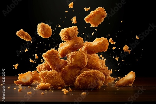 Golden deep fried chicken nuggets with black background