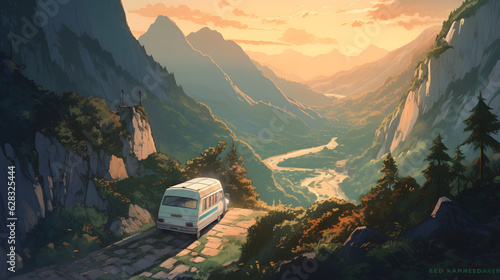 自由と冒険のキャンピングカー：美しい山道のシーン No.022 | Freedom and Adventure: Camper Van Scene on Scenic Mountain Road Generative AI