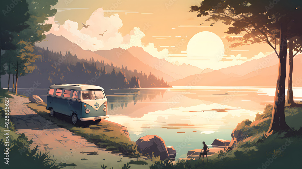 湖畔の美しい景色を望むキャンピングカーのシーン No.012 | Camper Van Scene with Breathtaking Lakeside View Generative AI