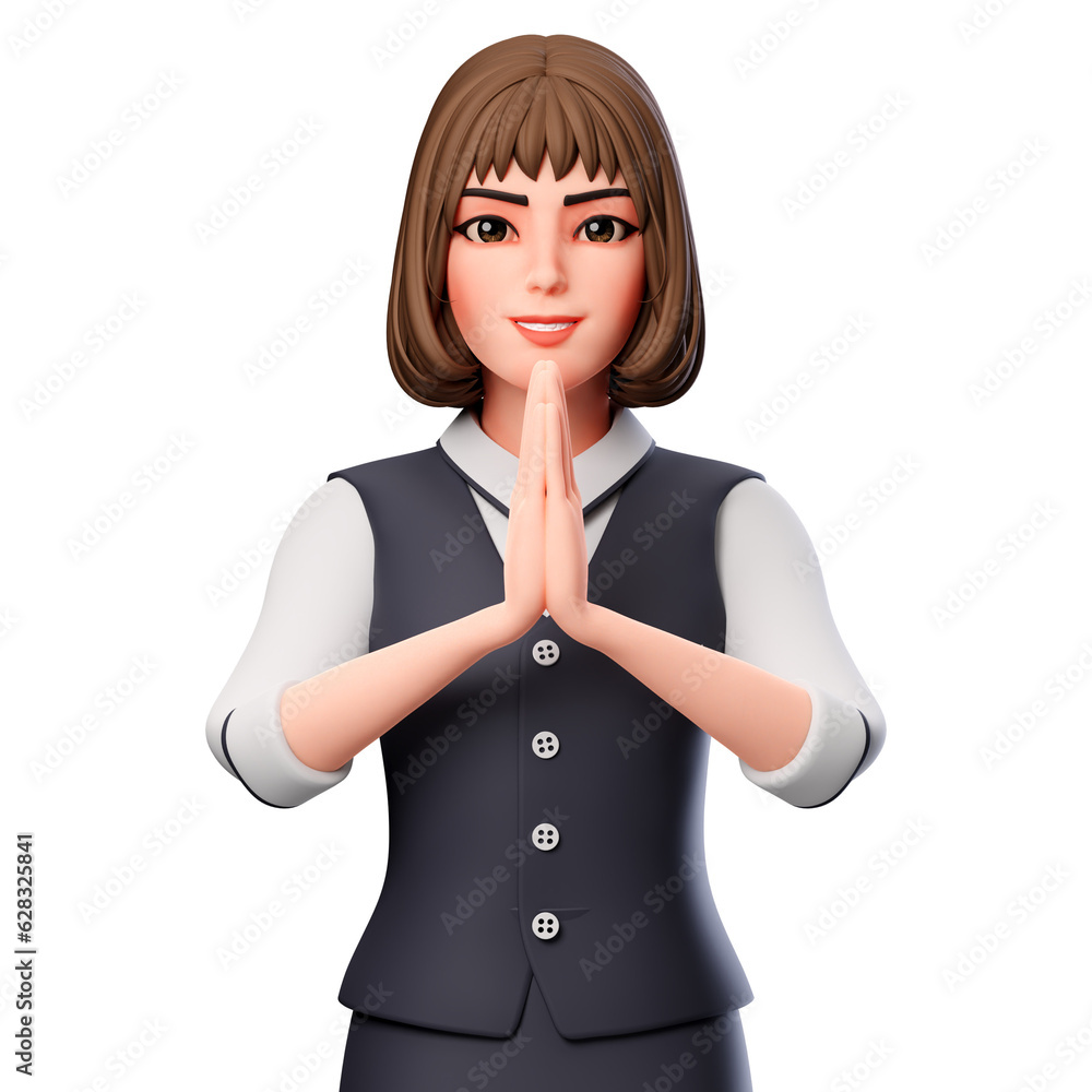 3D Illustration of Business woman Showing folded hand or namaste hand gesture, salute pose 3D Illustration of Business woman Showing folded hand or namaste hand gesture, salute pose