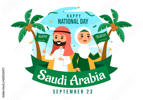 Happy Saudi Arabia National Day Vector Illustration on September 23 with Waving Flag Background in Flat Cartoon Hand Drawn Landing Page Templates