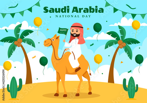 Happy Saudi Arabia National Day Vector Illustration on September 23 with Waving Flag Background in Flat Cartoon Hand Drawn Landing Page Templates