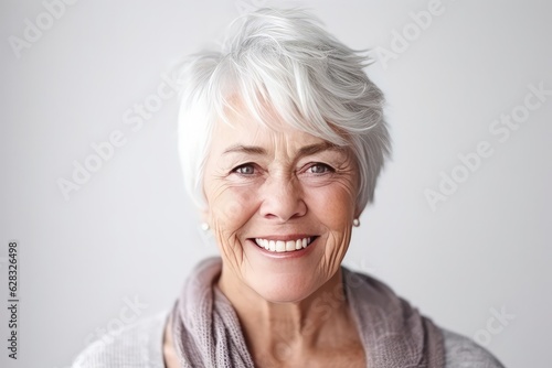 An older woman with white hair smiling at the camera