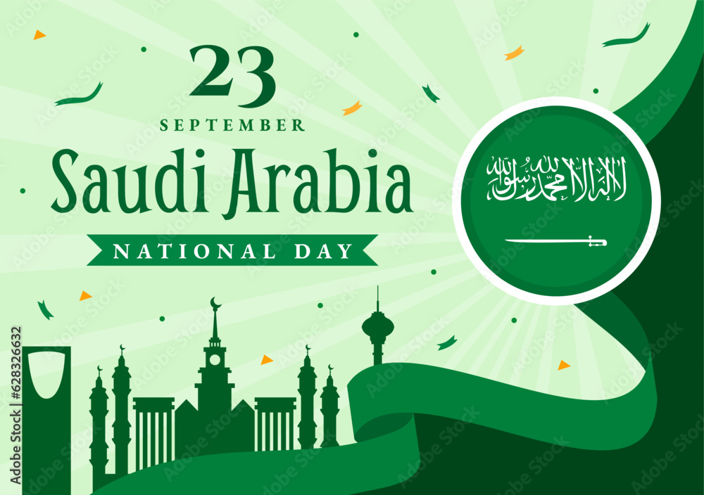 Happy Saudi Arabia National Day Vector Illustration on September 23 with Waving Flag Background in Flat Cartoon Hand Drawn Landing Page Templates