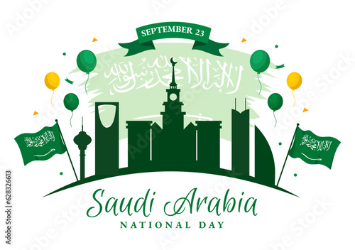 Happy Saudi Arabia National Day Vector Illustration on September 23 with Waving Flag Background in Flat Cartoon Hand Drawn Landing Page Templates