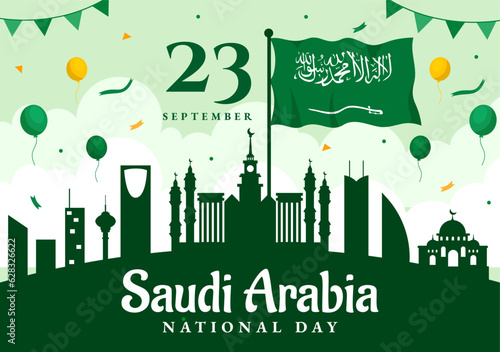 Happy Saudi Arabia National Day Vector Illustration on September 23 with Waving Flag Background in Flat Cartoon Hand Drawn Landing Page Templates