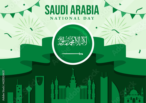 Happy Saudi Arabia National Day Vector Illustration on September 23 with Waving Flag Background in Flat Cartoon Hand Drawn Landing Page Templates