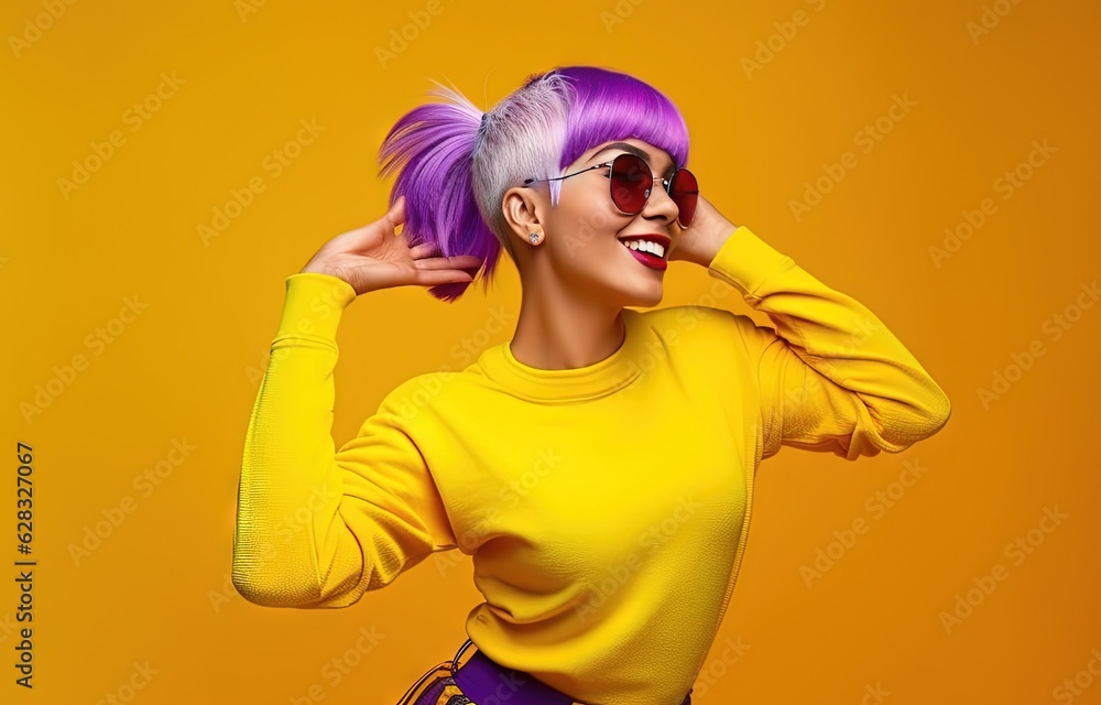 A woman with purple hair wearing a yellow shirt