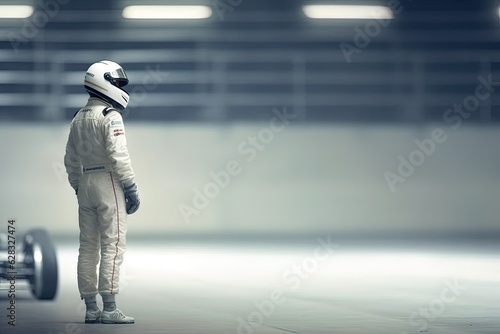 A man in a racing suit standing next to a race car photo
