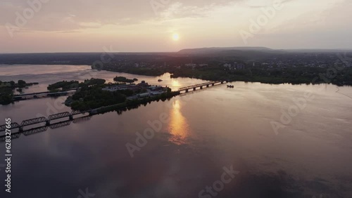 Sunset Over Nepean Bay, Establishing Aerial, Zibi, Ottawa, Canada, Picturesque Evening, Smooth Tracking Left photo