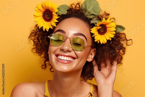 A woman with sunflowers in her hair and sunglasses
