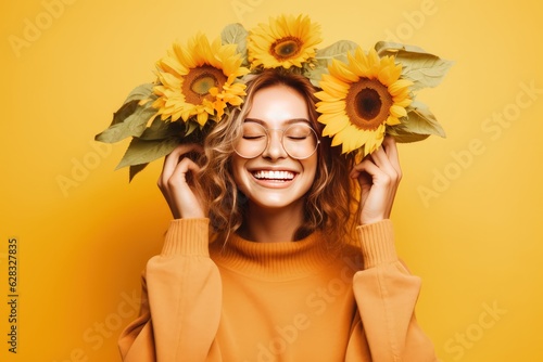 A smiling woman with sunflowers on her head