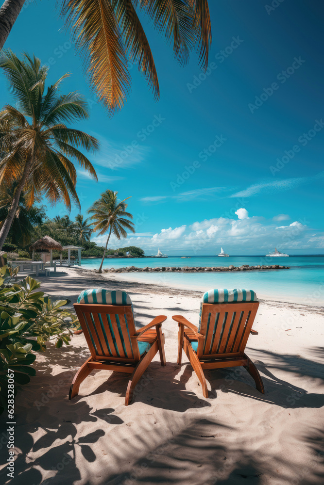 Empty lounge chairs with umbrellas on white sand beach in hot summer day. Generative AI
